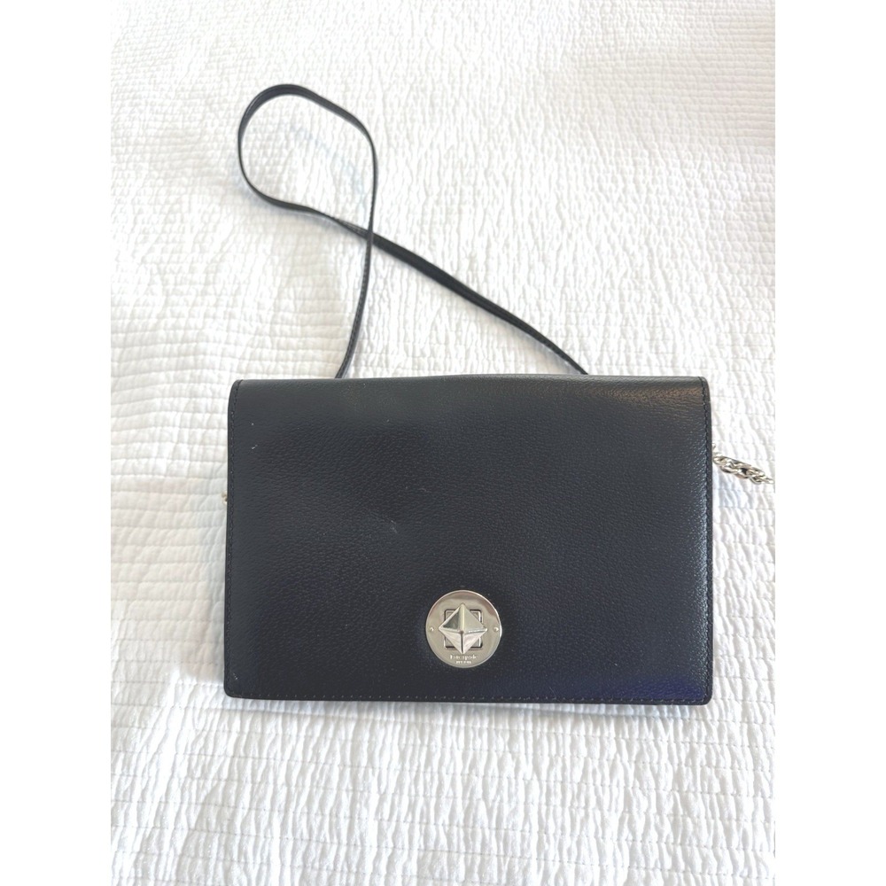 Kate Spade Black Pebbled Leather Crossbody Bag Turnlock Chain Strap Mirror
